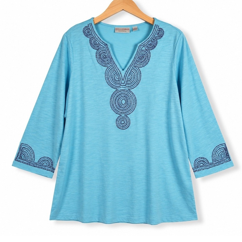 Bellisima Kim Gravel Womens Small Blue Slub Knit Boutique Beaded Tunic A688387